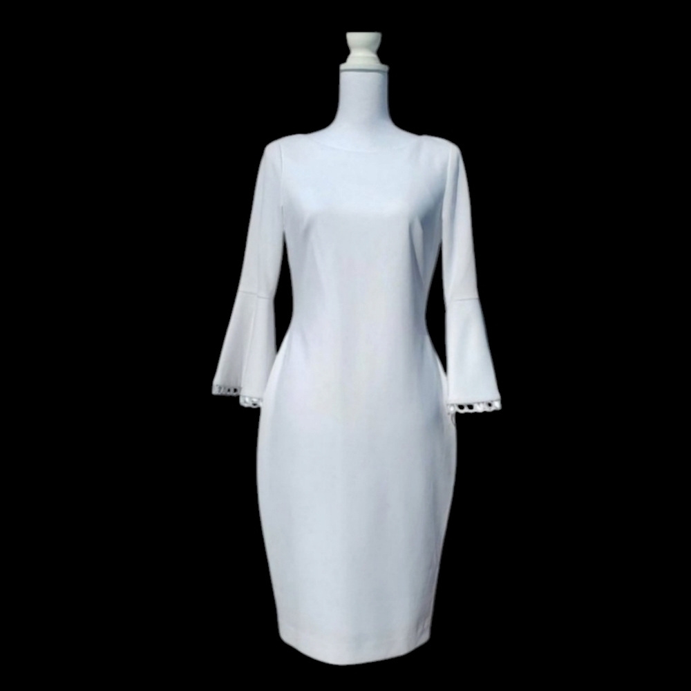 Calvin Klein bell sleeve sheeth dress sz 4 white bridal